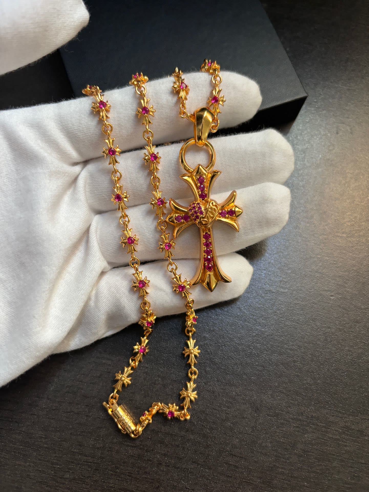 Chrome Hearts Gold Cross Pendant with Gemstones